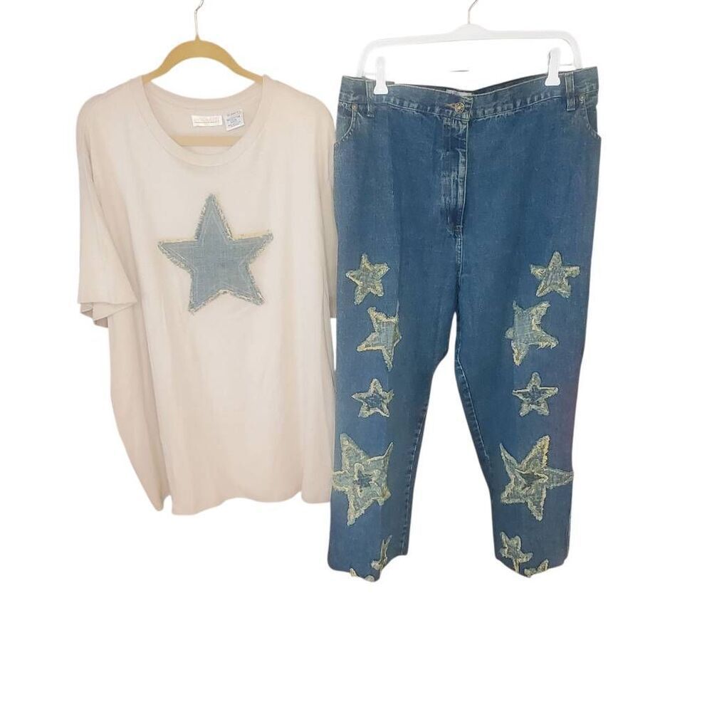 Roaman’s Plus Size Star Patch Top & Jeans Set – Women’s 4X Shirt & Size 32 Pants